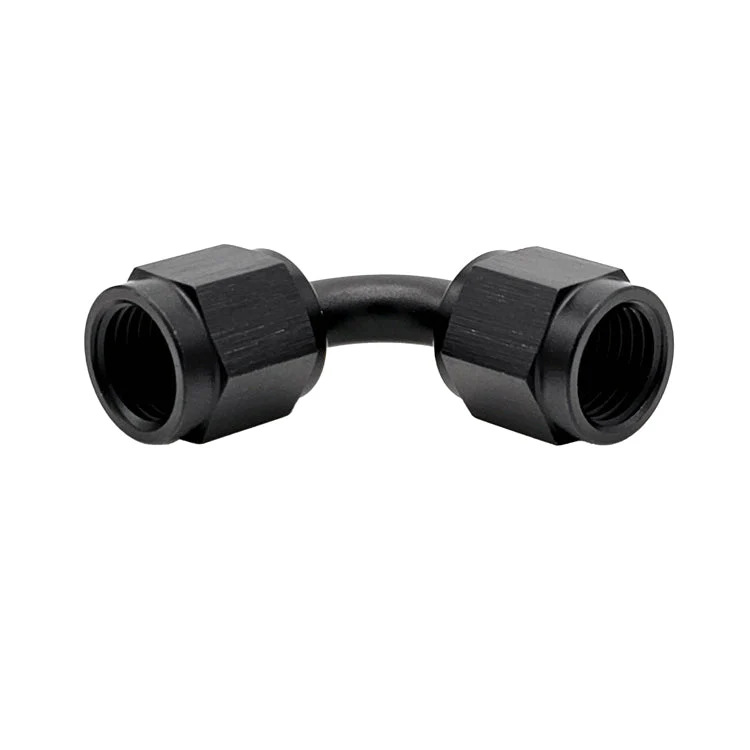 -10AN Female AN Flare Union 90° Adapter, Swivel Style, Black Hard Anodized Aluminum