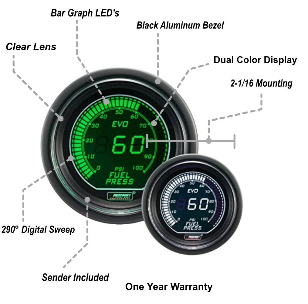 2-1/16" Evo Electrical White and Green Fuel Pressure Gauge - Image 2
