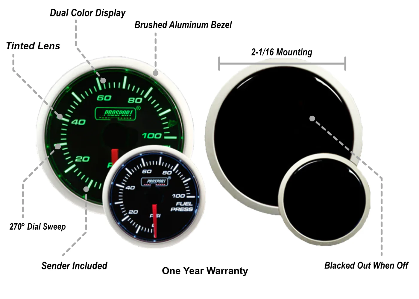 2-1/16" Green/White Fuel Pressure Gauge - Image 2