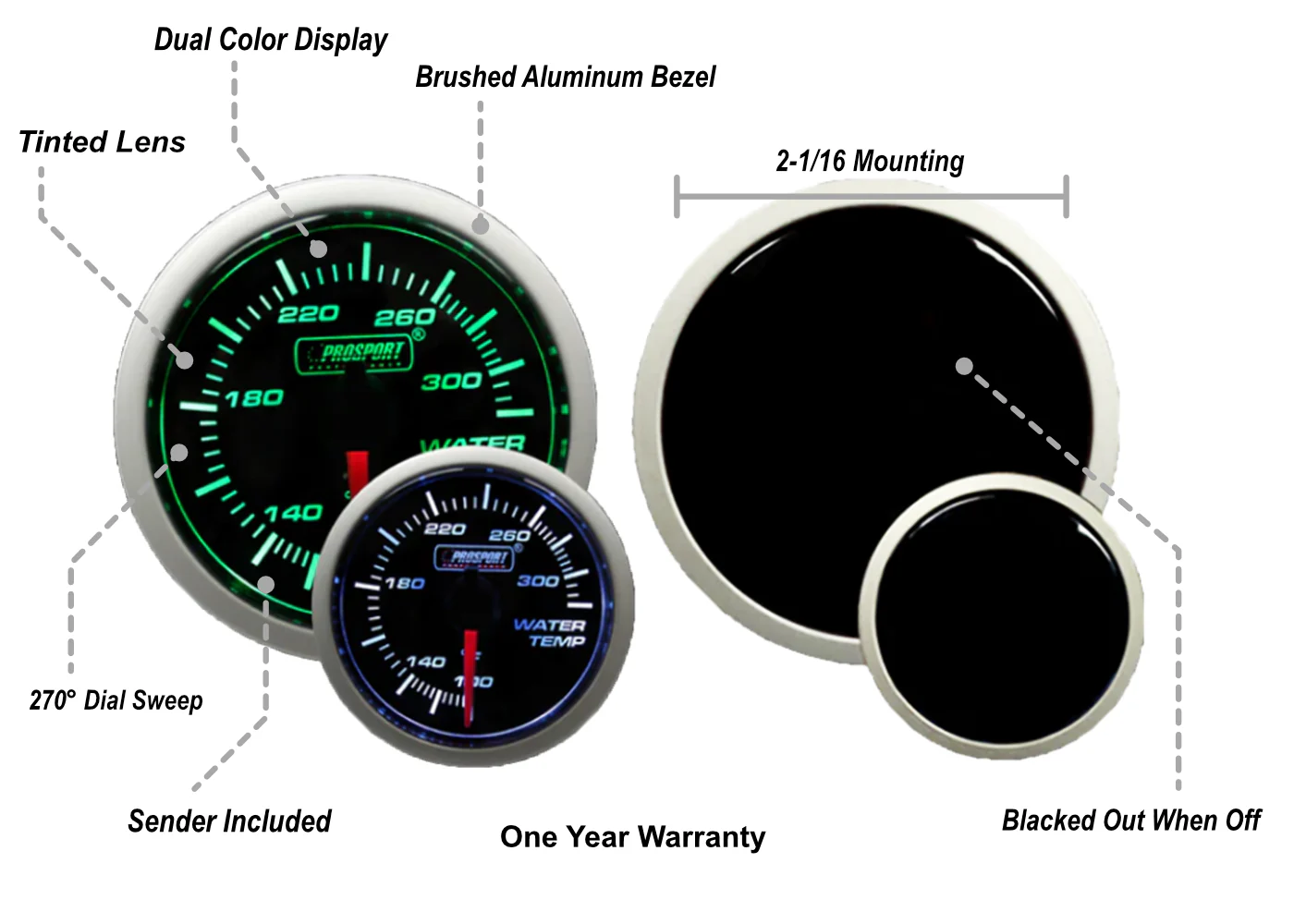 2-1/16" Green/White Water Temperature Gauge - Image 2