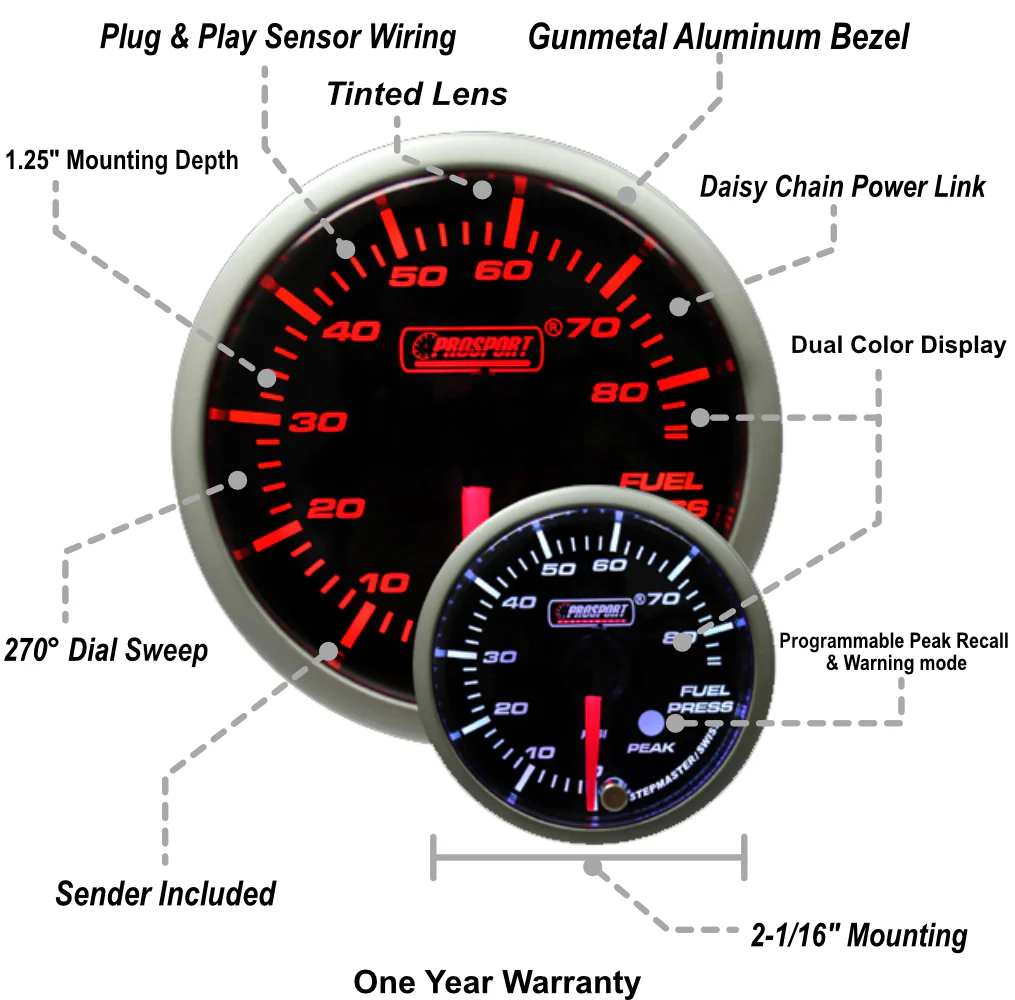 2-1/16" Premium Amber/White Fuel Pressure Gauge - Image 2