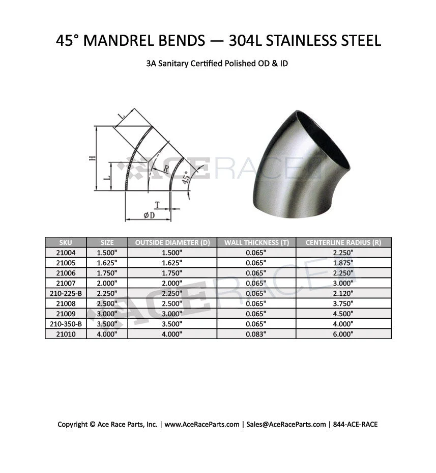 2.250" 16ga 45° Mandrel Bend - (2.250" CLR) - Brushed Finish - 304 Stainless - Image 2