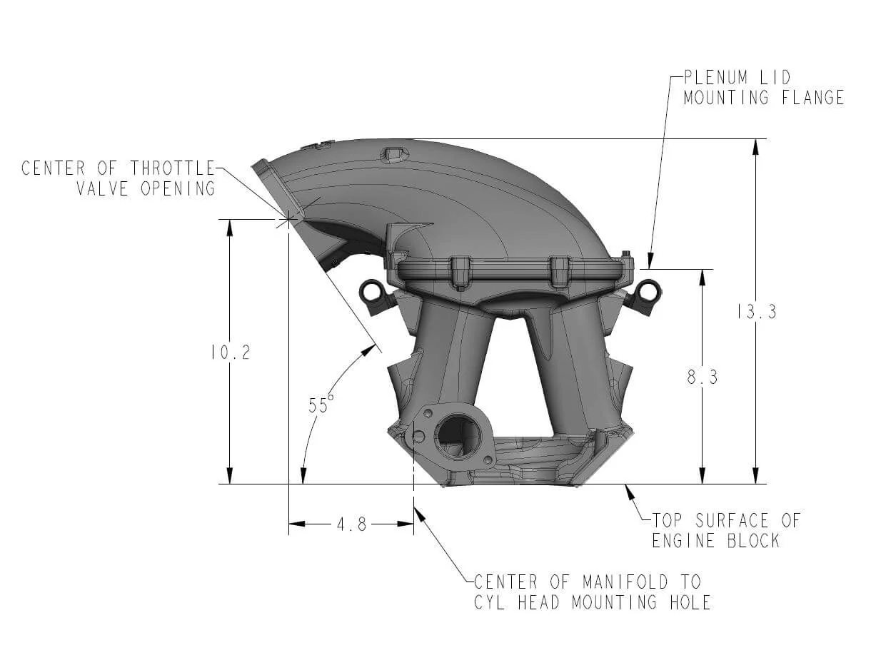 8.2" SBF Ford Hi-Ram Intake Manifold with 105mm 1986-95 Ford 5.0 Throttle Body Flange Side Mount Top. Black - Image 8