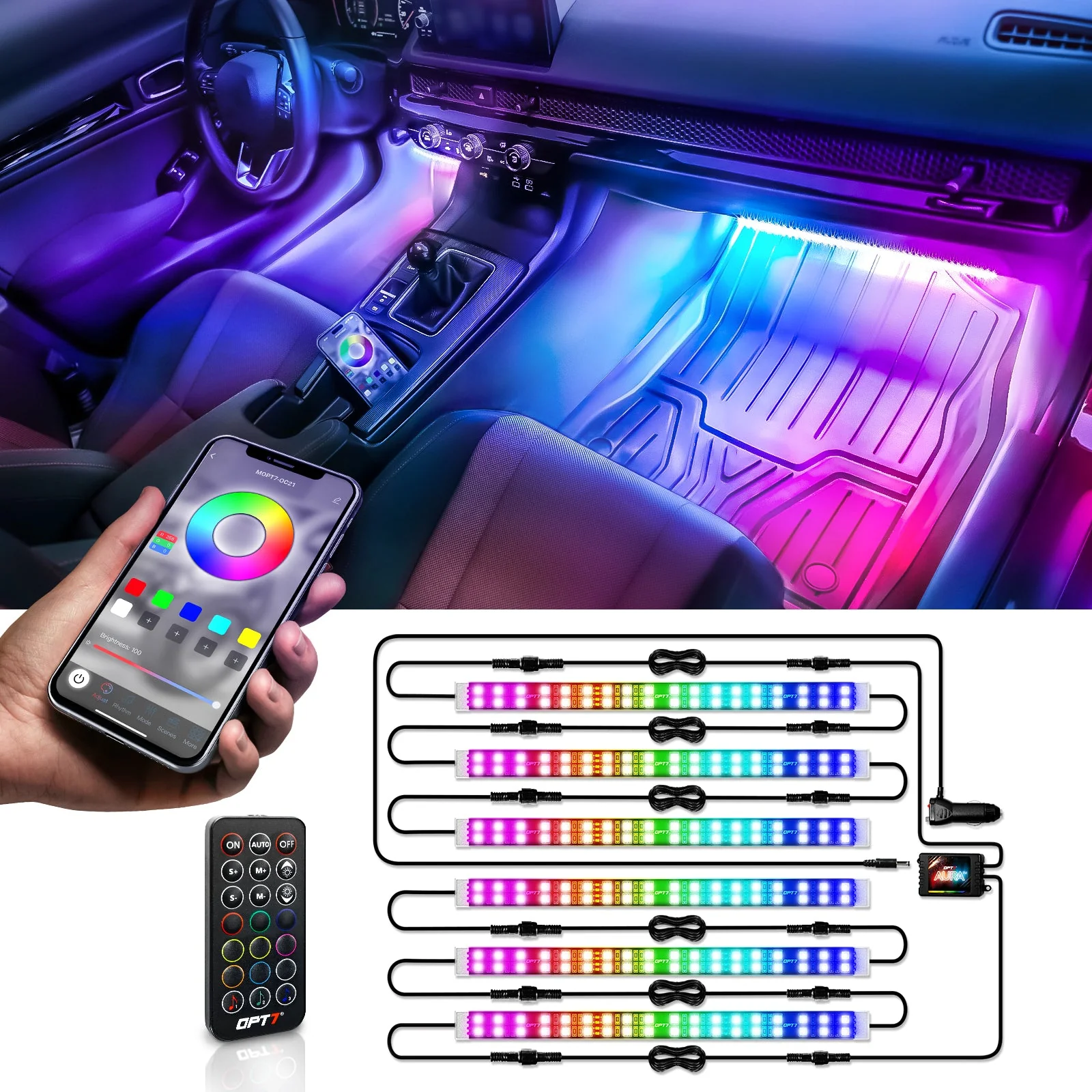 AURA DreamColor Double Row LED Interior Ambient Lighting Kit (4 x 12 Inch or 6 x 12-Inch) - Bluetooth APP and Remote Enabled Full Color Spectrum - Image 10