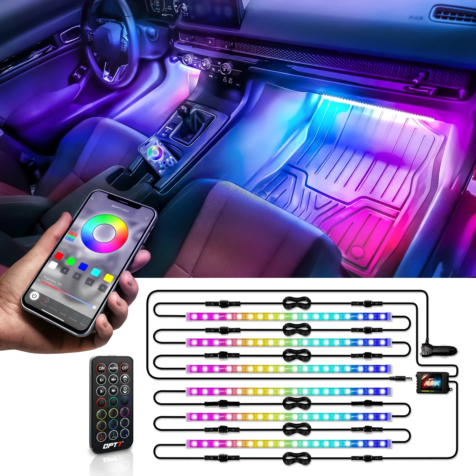 AURA DreamColor LED Interior Ambient Lighting Kit (4 x 12 Inch or 6 x 12-Inch) - Bluetooth APP and Remote Enabled Full Color Spectrum - Image 10