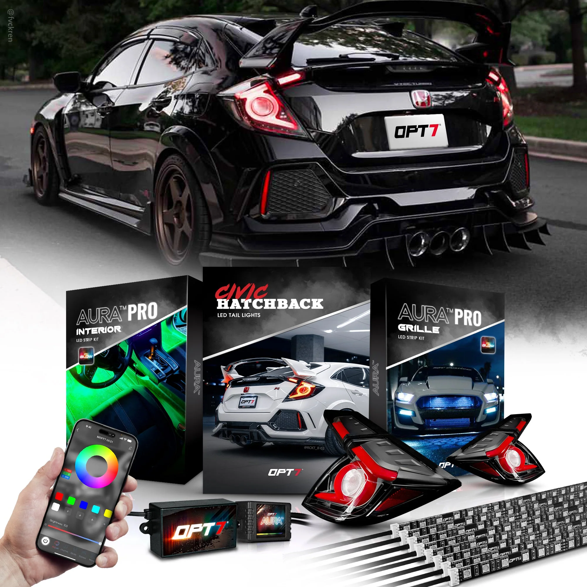 AURA PRO for Civic Hatchback LED Lighting Bundle: OLED Tail lights + Interior + Grille w- Bluetooth APP and Remote Controlled - Image 14