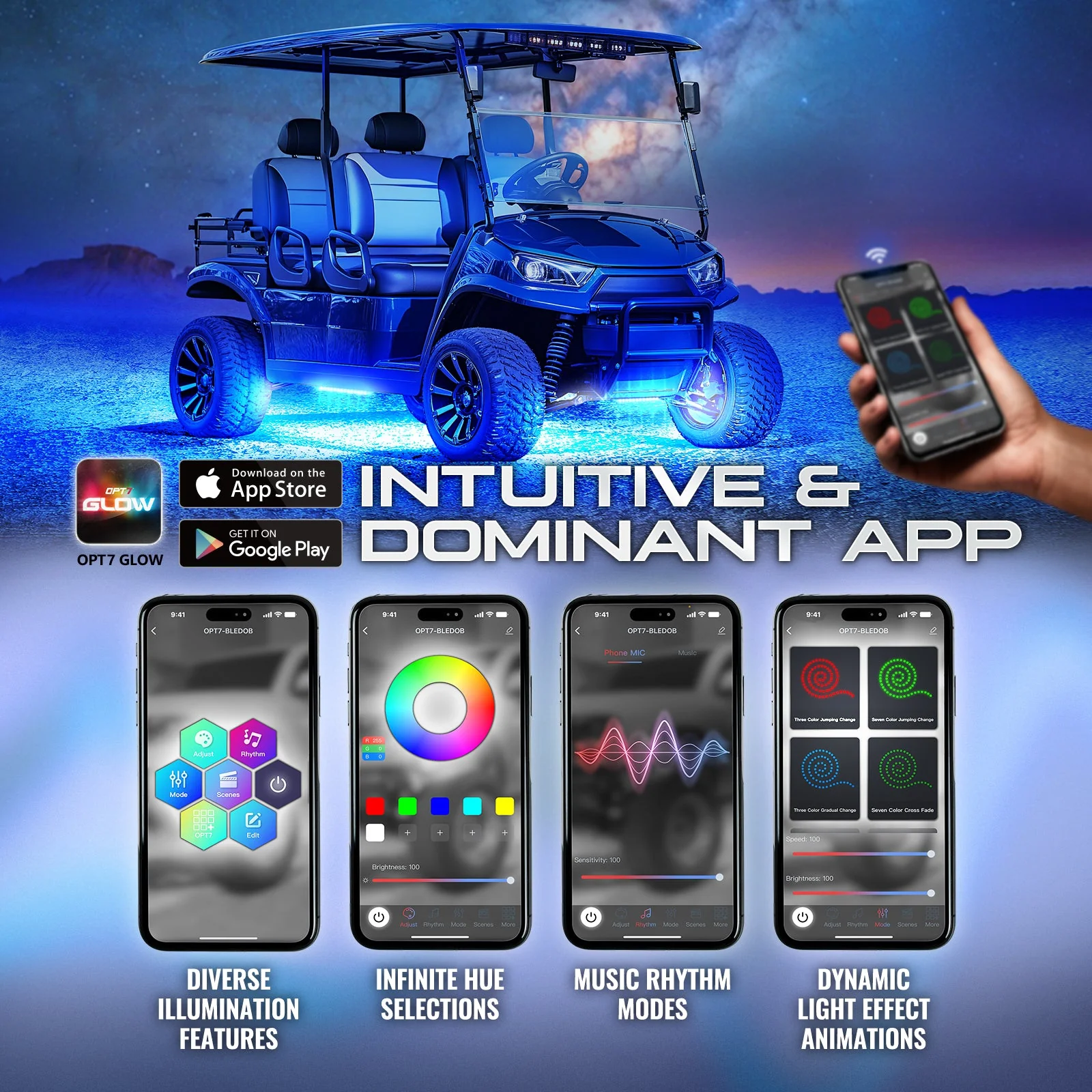AURA PRO Golf Cart Flexible Underbody Glow LED Lighting Strip Kit - Bluetooth Enabled APP - Full Color Spectrum - Image 2