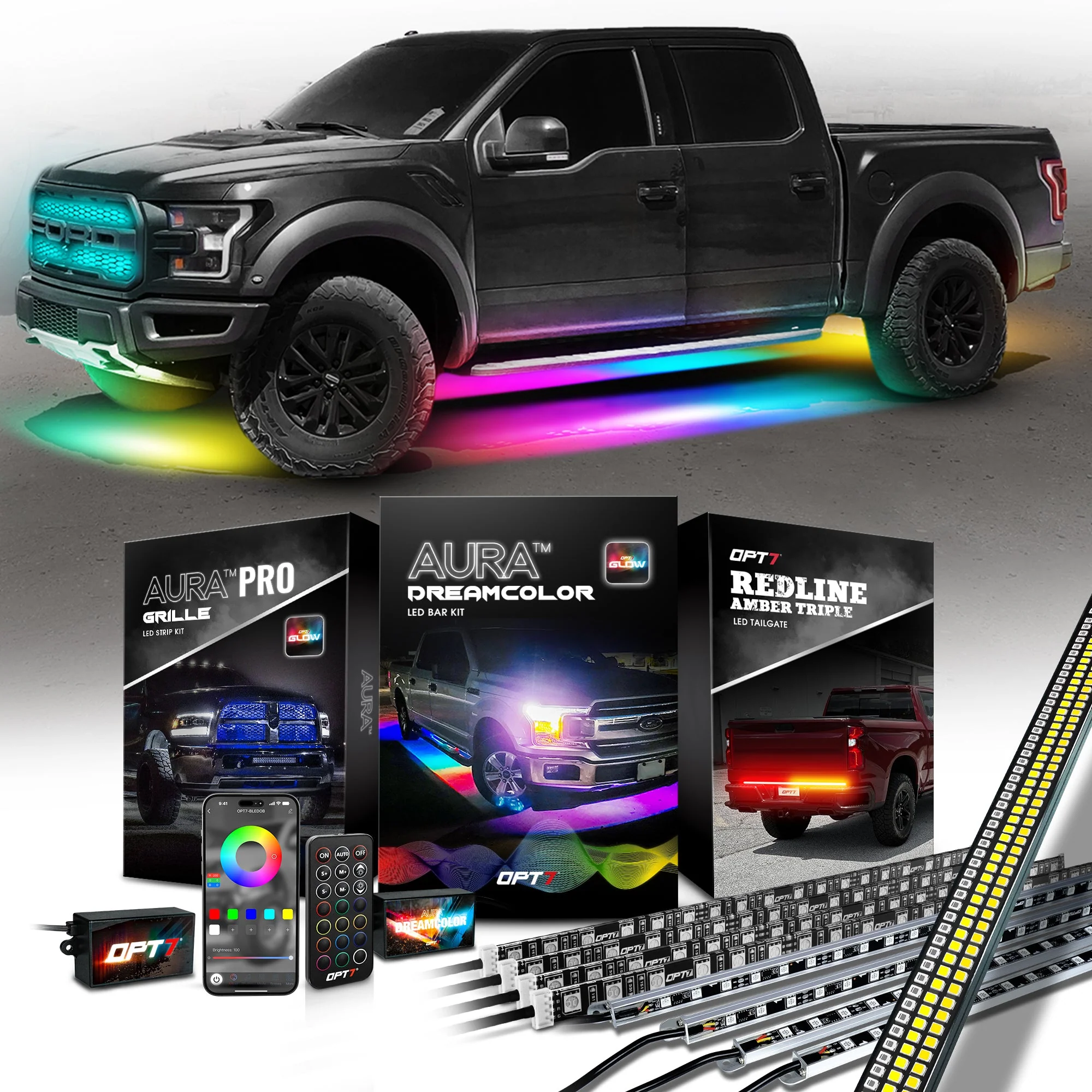 AURA PRO LED Lighting Kit for Truck Bundle (Grille LED Kit + DreamColor Underglow LED Kit - Bluetooth APP and Remote Controlled + Tailgate Triple Light Bar) - Image 22
