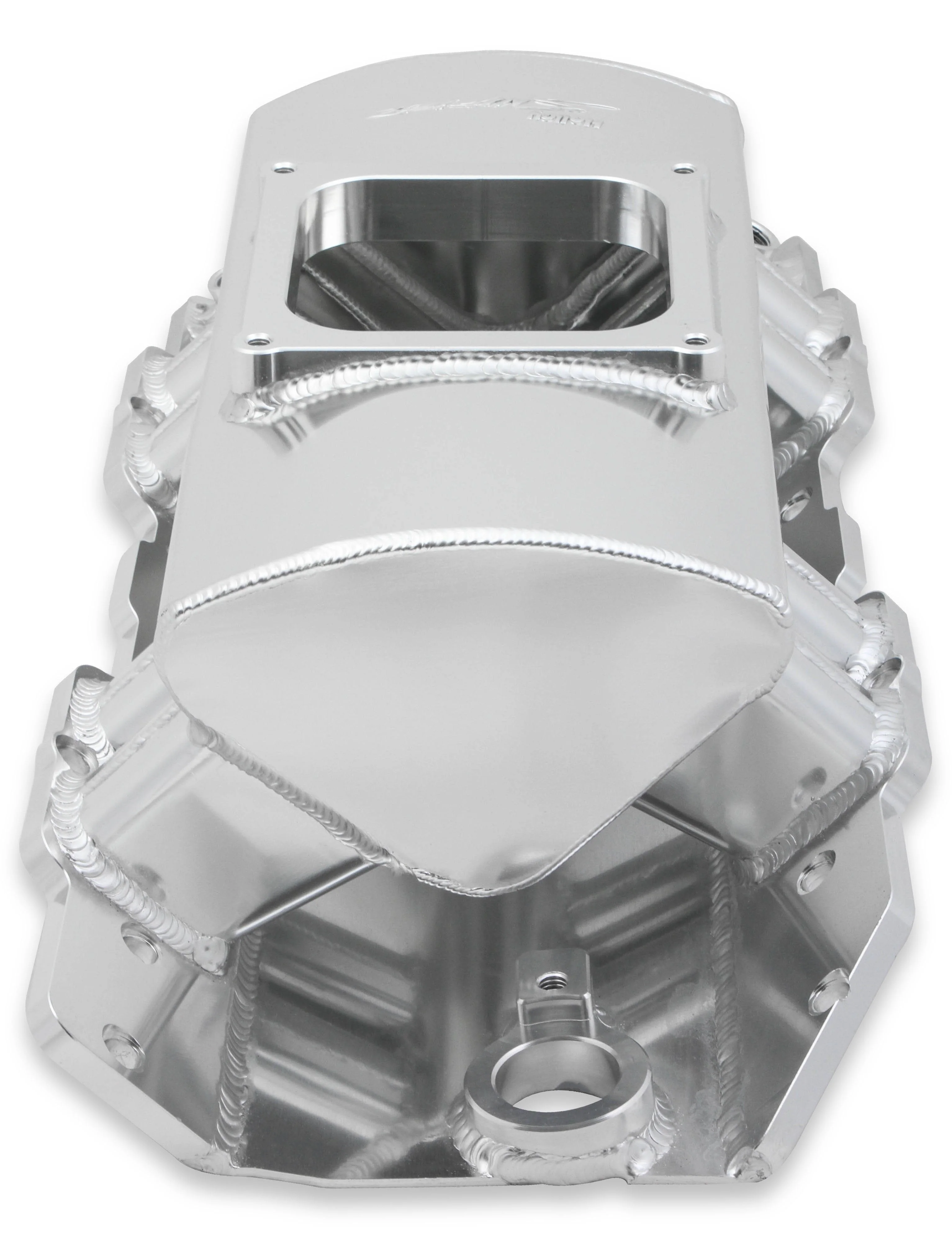 Fabricated Intake Manifold BBC Single Plane 1 x 4500 Silver with Sniper Logo - Image 4