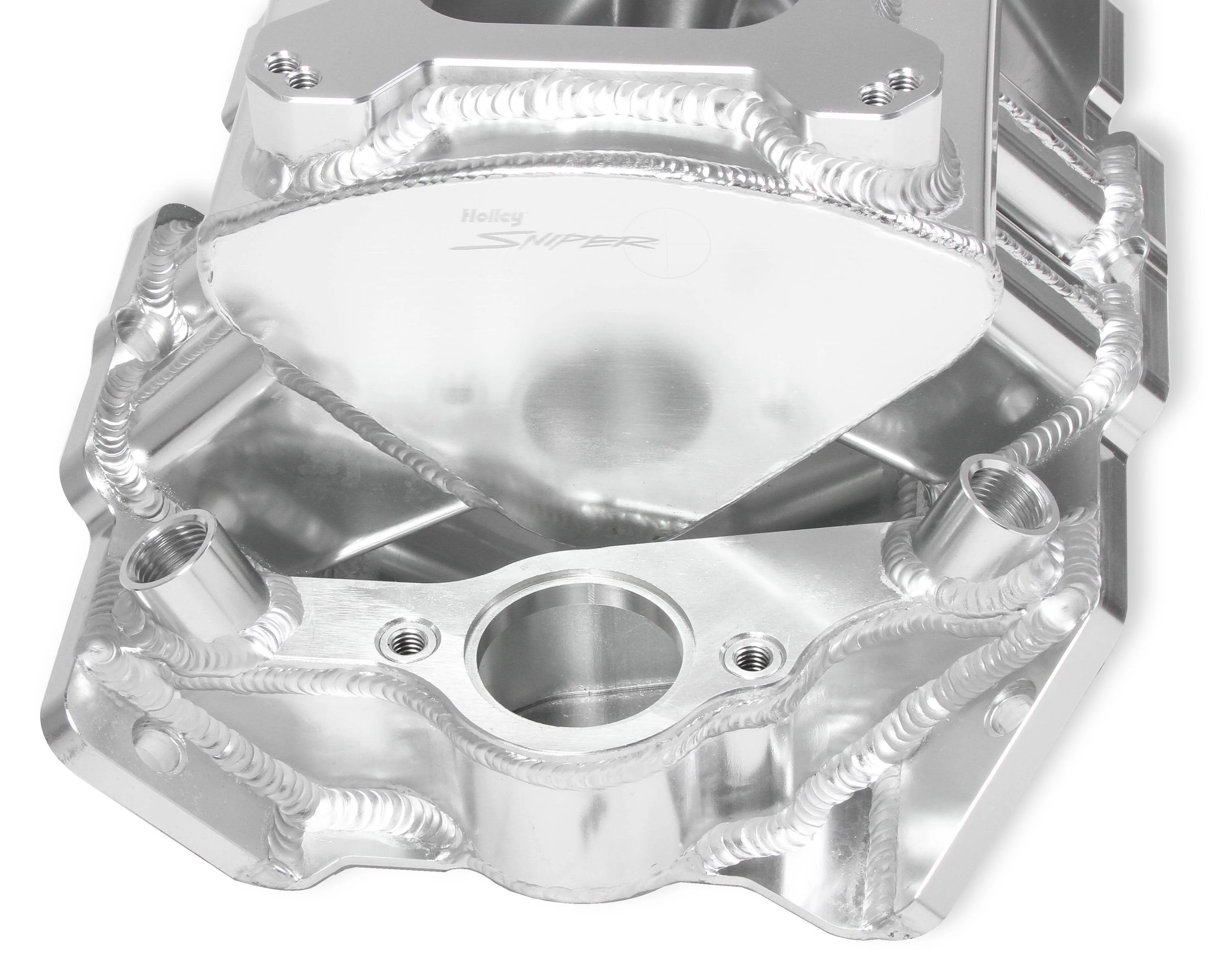 Fabricated Intake Manifold BBC Single Plane 2 x 4150 Silver with Sniper Logo - Image 6