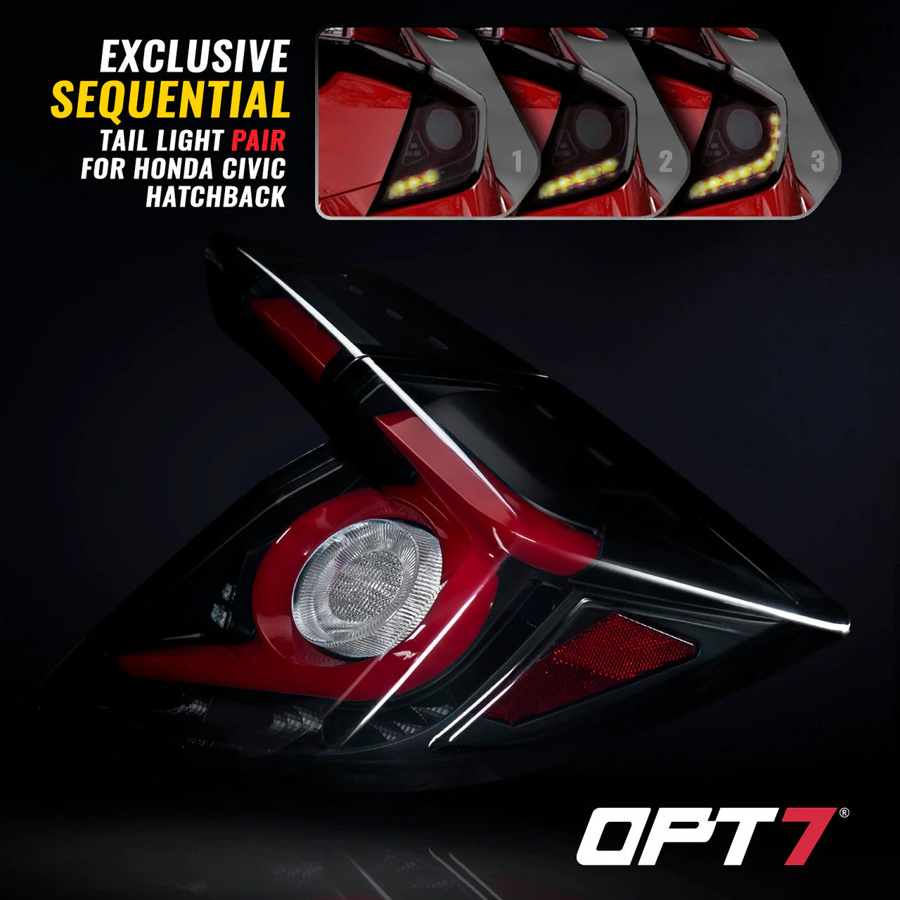 OPT7 Honda Civic Hatchback Smoked LED Tail Lights w-Sequential Turn Signals & OLED Technology (Fits all 2016-2021 10th Gen Civic Hatchbacks) - Image 8