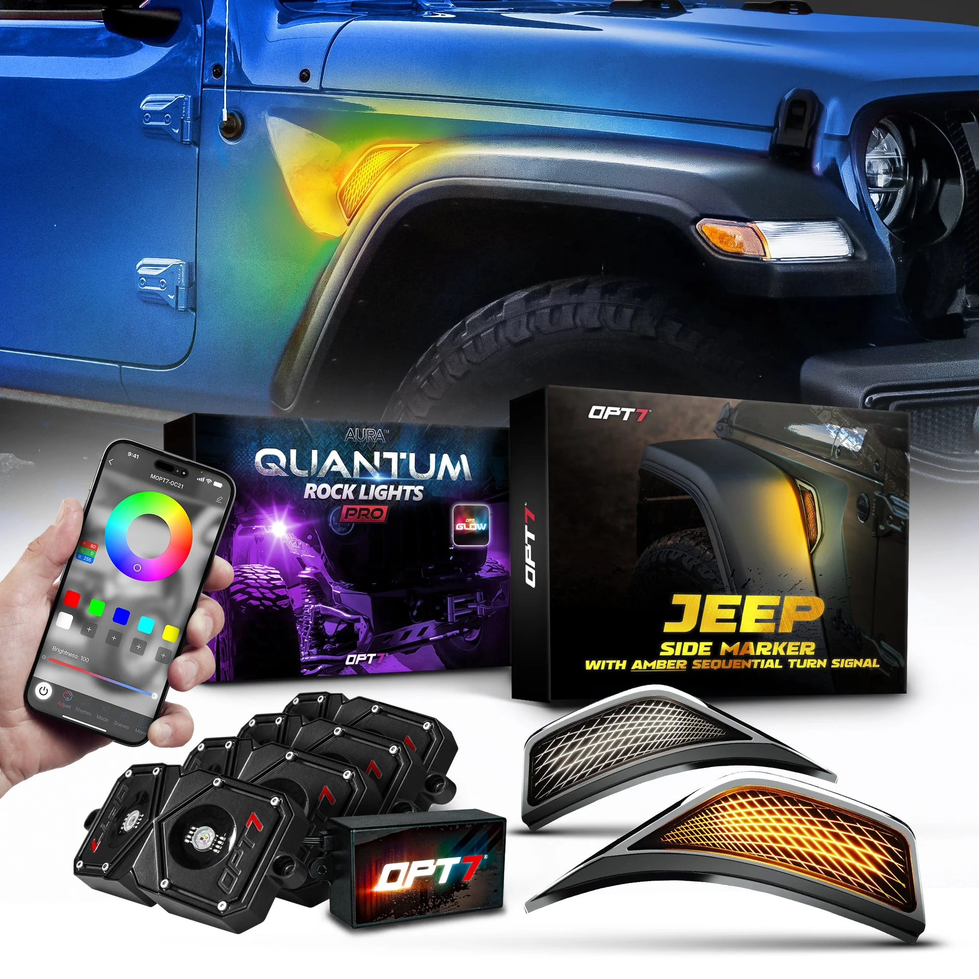 OPT7 Quantum Pro Rock Light RGBW & LED Side Marker White-Amber for Jeep Wrangler JL JLU & Gladiator JT 18-23