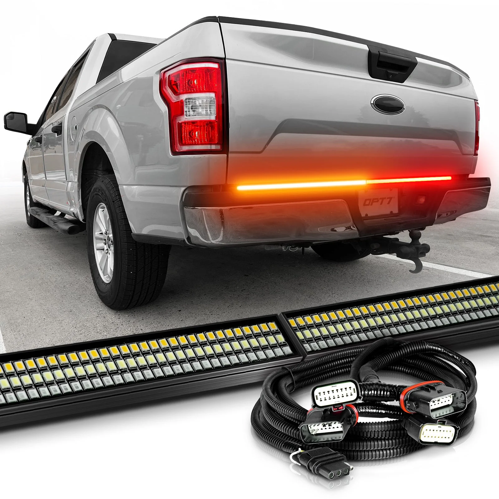 OPT7 Redline Parlux Triple Tailgate Light Bar 60" Bundle for Ford F150 15-20 with Blind Spot Easy Connect Harness