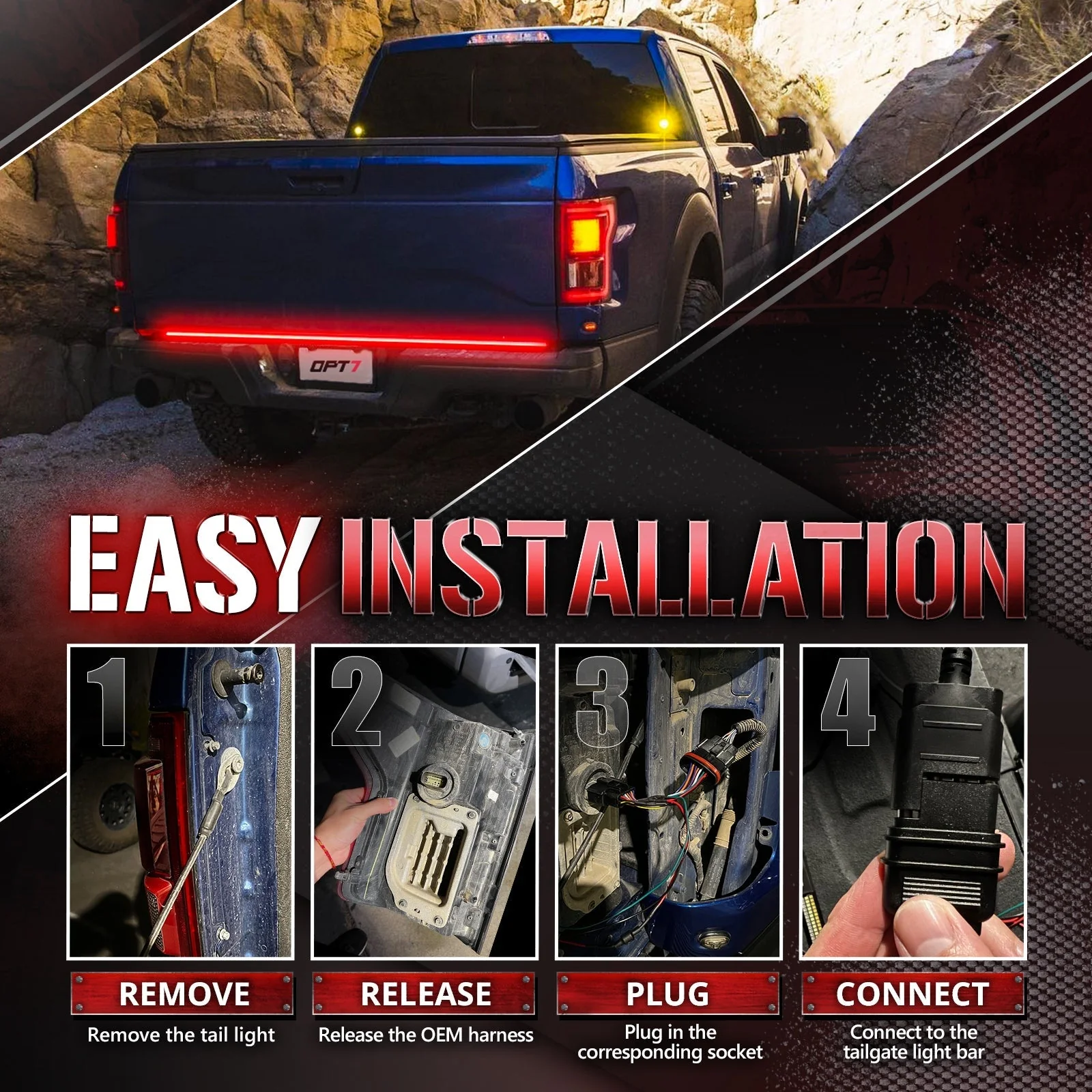 OPT7 Redline Parlux Triple Tailgate Light Bar 60" Bundle for Ford F150 15-20 with Blind Spot Easy Connect Harness and Tailgate Light Bar Magnets - Image 15