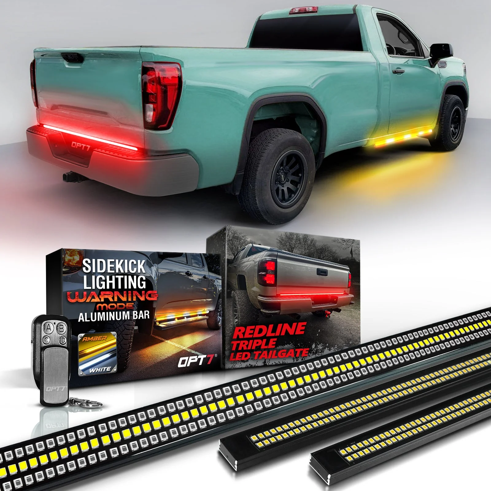 OPT7 Redline Triple Tailgate Light Bar 60" Bundle with Sidekick Running Board Light LED Strip Kit with Warning Mode - Image 11